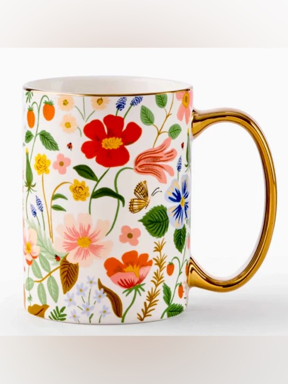 ANTHROPOLOGIE Rifle Paper Co Mug Strawberry Fields Floral Butterfly Gold Trim
